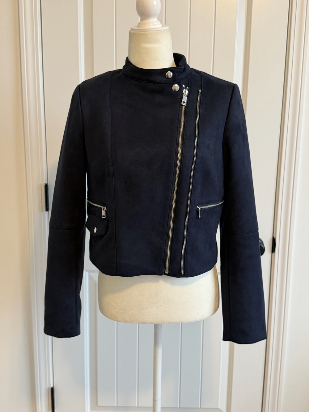 Banana Republic Size Small Navy Asymmetrical Zip Moto Jacket - Suede-Like Fabric